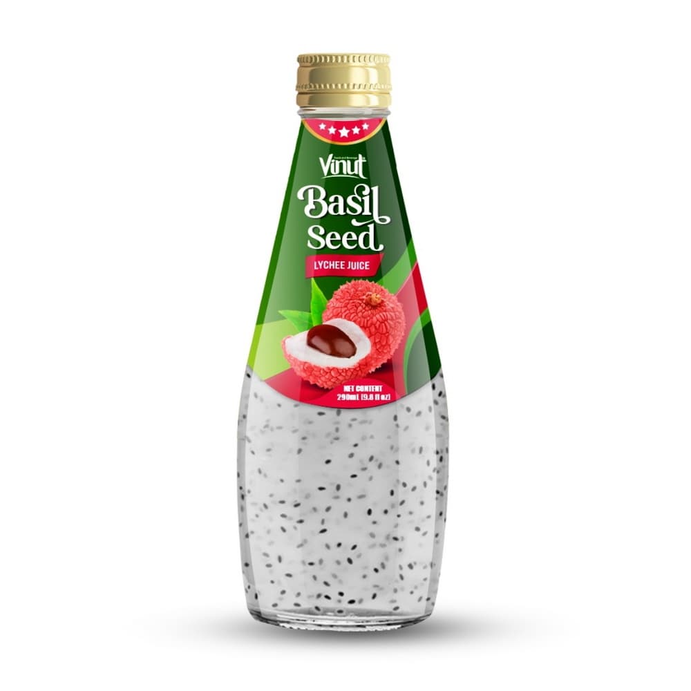 VINUT Ličių gėrimas su bazilikų sėklomis, stiklinis butelis, 9.8 fl oz (290 mL)