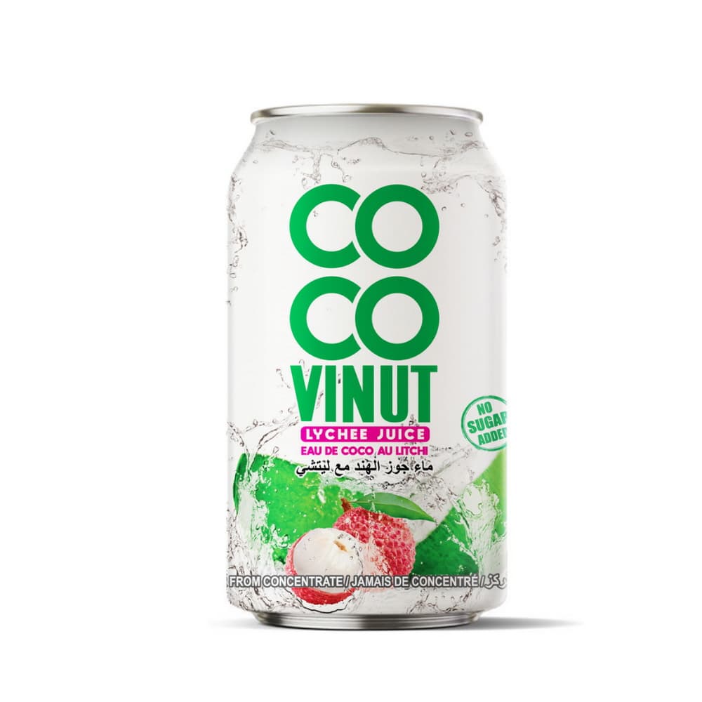 VINUT Kokosų vanduo su ličių sultimis, be pridėtinio cukraus, skardinė, 330 ml