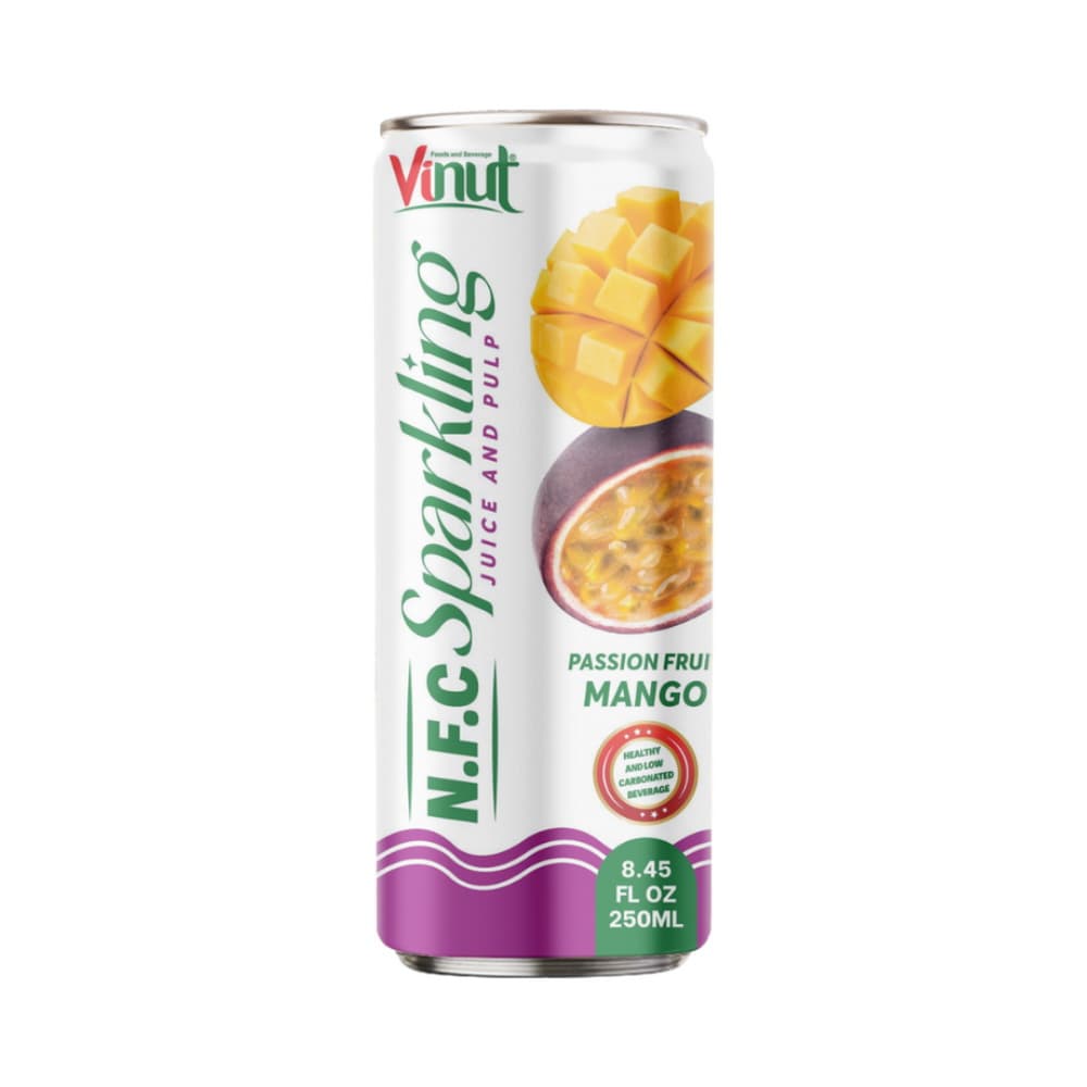 VINUT N.F.C gazuotos pasiflorų ir mangų skonio sultys su minkštimu, plona skardinė, 8.45 fl oz 250 mL